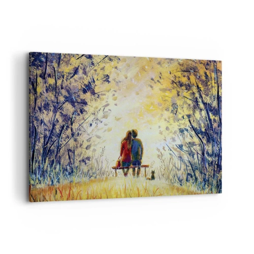 Bild auf Leinwand - Leinwandbild - Ein Paar sitzt auf einer Bank zwischen herbstlichen Bäumen im Sonnenlicht - 120x80cm - Magischer Augenblick - Moderne Wanddekoration für Wohnzimmer und Schlafzimmer ARTTOR