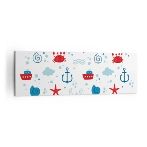 Bild auf Leinwand - Leinwandbild - Nautisches Muster mit Ankern, Schiffen und Krabben - 160x50cm - Märchen vom Meer - Moderne Wanddekoration für Wohnzimmer und Schlafzimmer ARTTOR