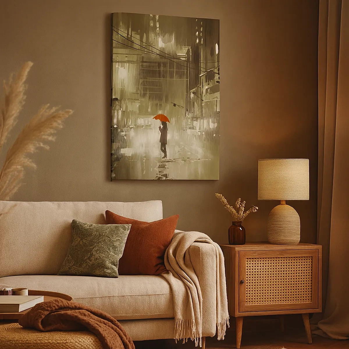 Bild auf Leinwand - Leinwandbild - Eine Figur mit einem roten Regenschirm in einer verregneten Stadt - 50x70cm - Allein aber nicht einsam - Moderne Wanddekoration für Wohnzimmer und Schlafzimmer ARTTOR