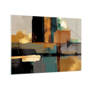 Glasbild - Bild auf glas - Moderne Abstraktion mit kontrastierendem Gold, Schwarz und Türkis - 70x50cm - Abstraktion – Licht und Schatten - Moderne Wanddekoration für Wohnzimmer und Schlafzimmer ARTTOR