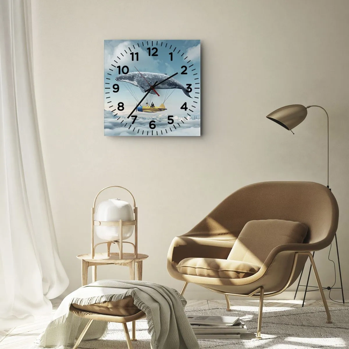 Wanduhr - Glasuhr - Ein fliegender Wal trägt ein Flugzeug in einer surrealen Umgebung. - 30x30cm - Warum nicht? - Moderne Wanddekoration für Wohnzimmer und Schlafzimmer ARTTOR