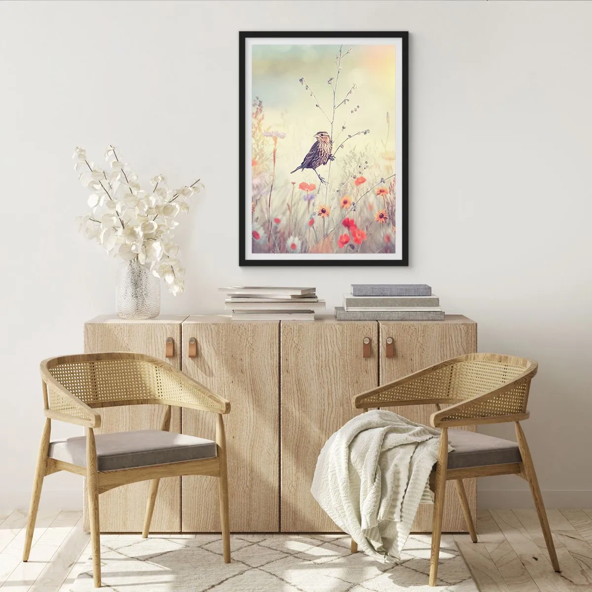Poster in einem schwarzem Rahmen - Ein Vogel auf einer Wiese in zarten Pastellfarben - 50x70cm - Vogelporträt mit einer Wiese im Hintergrund - Moderne Wanddekoration für Wohnzimmer und Schlafzimmer ARTTOR