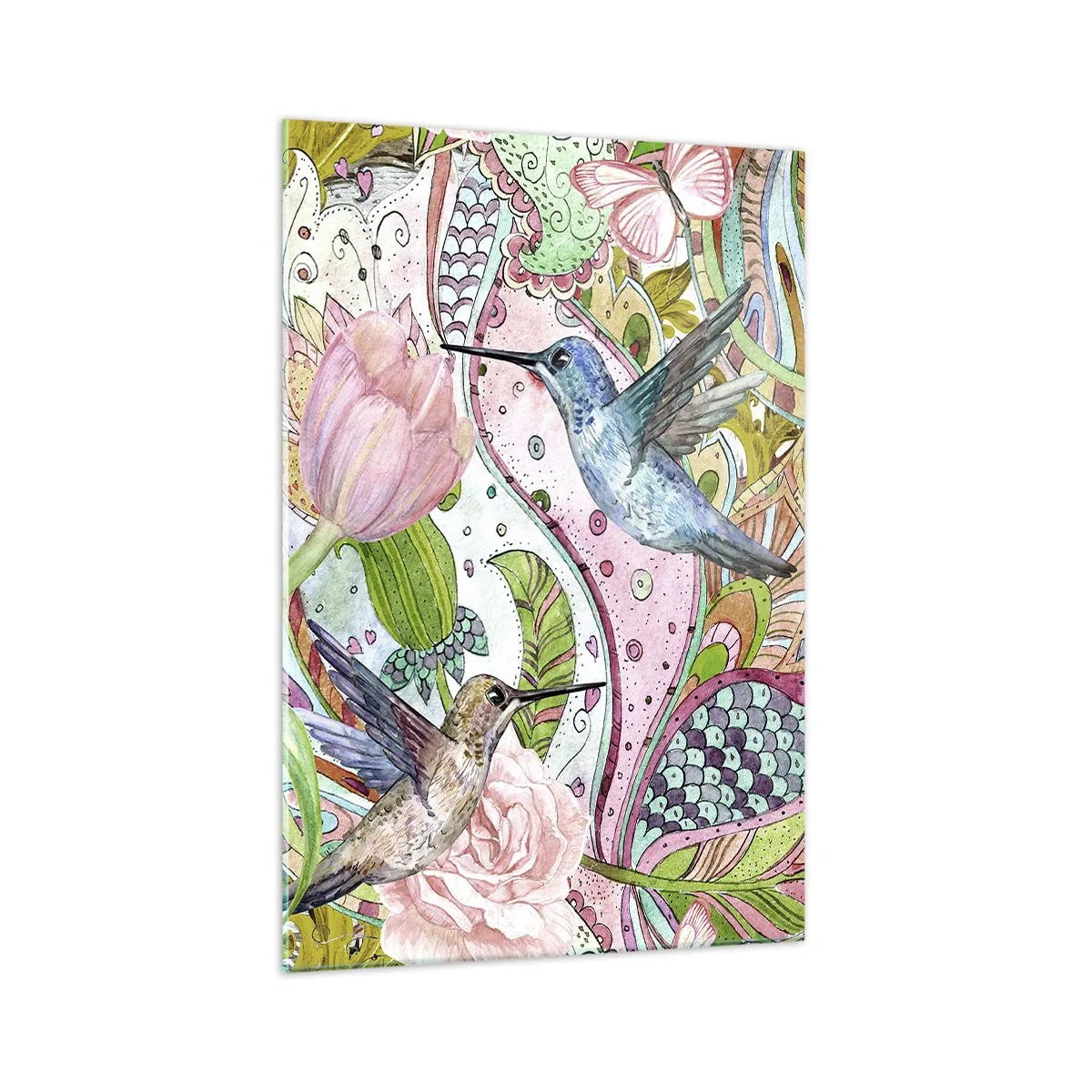 Glasbild - Bild auf glas - Bunte Kolibris und Schmetterlinge zwischen den Pflanzen - 70x100cm - Verstrickt in Weinreben - Moderne Wanddekoration für Wohnzimmer und Schlafzimmer ARTTOR