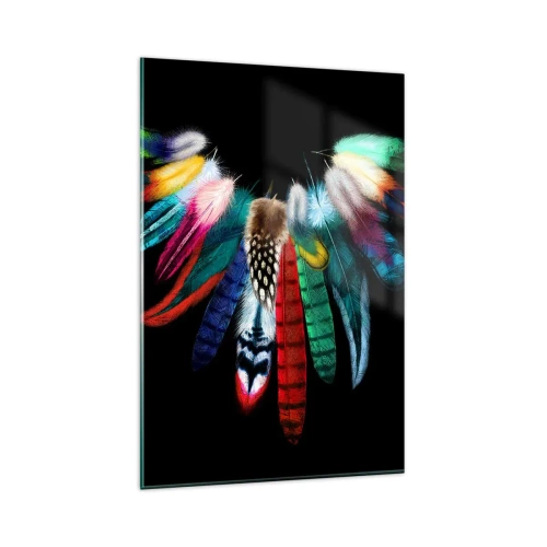 Glasbild - Bild auf glas - Bunte Federn auf schwarzem Hintergrund in einer künstlerischen Komposition - 80x120cm - Indische Halskette - Moderne Wanddekoration für Wohnzimmer und Schlafzimmer ARTTOR