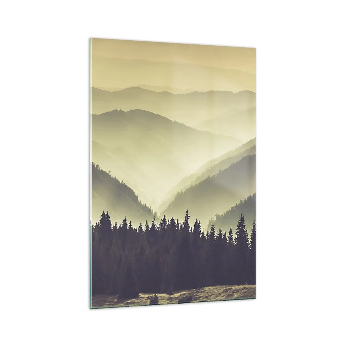 Glasbild - Bild auf glas - Malerische Bergketten im Nebel in warmem Licht - 70x100cm - Hinter den sieben Bergen ... - Moderne Wanddekoration für Wohnzimmer und Schlafzimmer ARTTOR