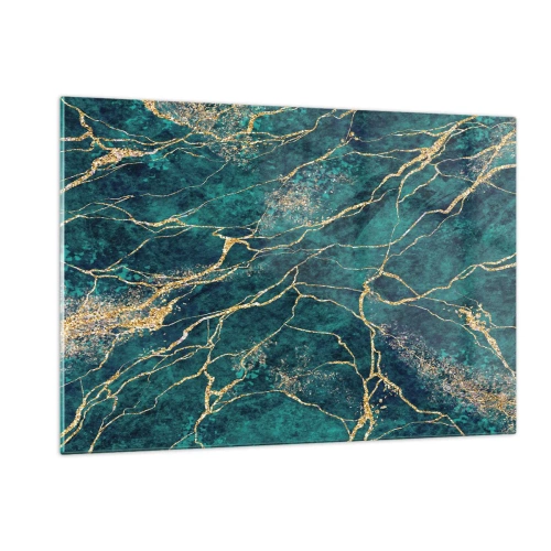 Glasbild - Bild auf glas - Marmorierter Stein mit goldenen Adern, blaugrünen und grünen Farbtönen - 120x80cm - Goldmine - Moderne Wanddekoration für Wohnzimmer und Schlafzimmer ARTTOR