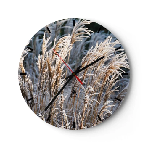 Wanduhr - Glasuhr - Goldene Gräser mit Frost bedeckt in einer Winterlandschaft - 30x30cm - Gekleidet mit Frost - Moderne Wanddekoration für Wohnzimmer, Küche und Schlafzimmer ARTTOR