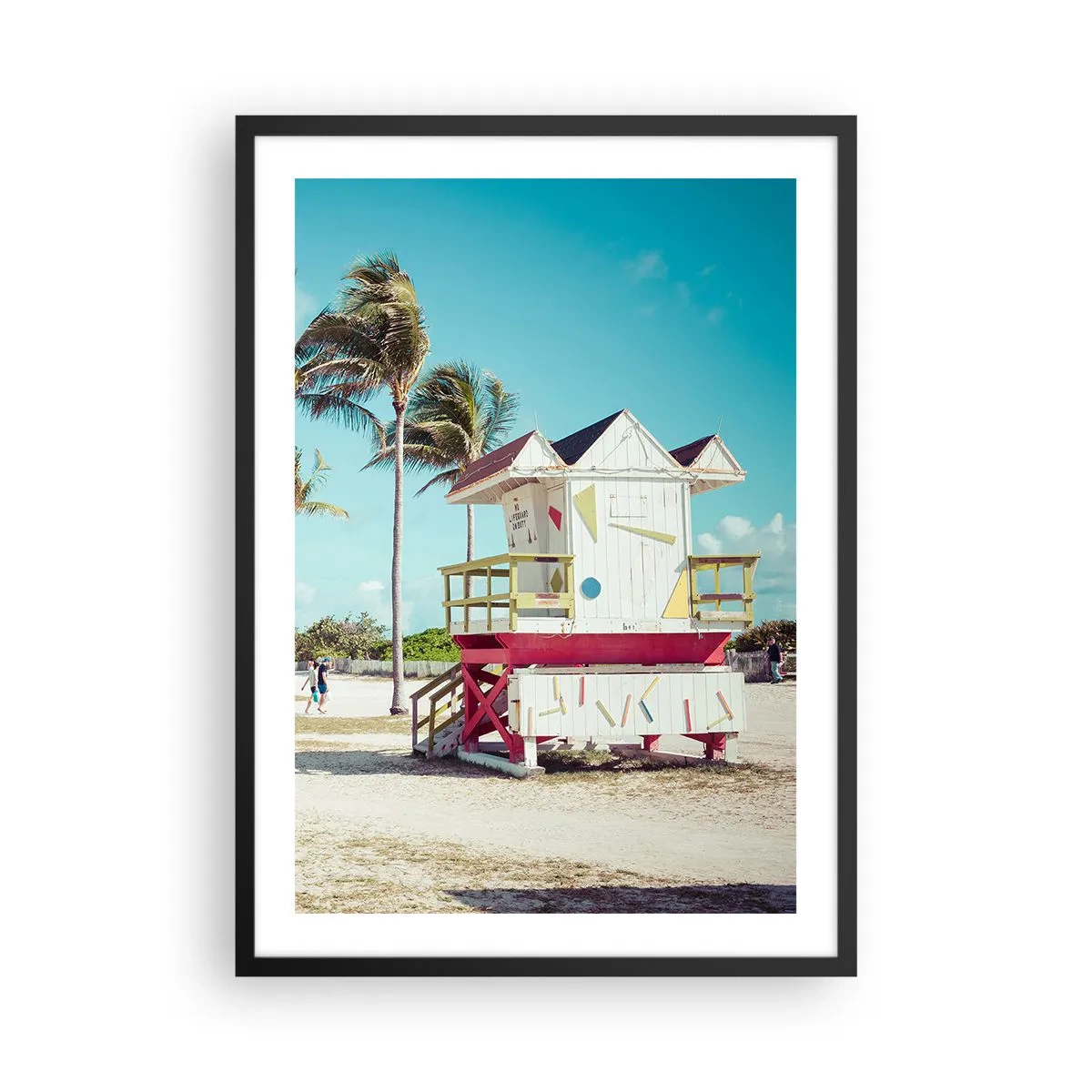 Poster in einem schwarzem Rahmen - Ein farbenfroher Rettungsschwimmerstand an einem Strand mit Palmen und blauem Himmel - 50x70cm - Dir steht ein schöner Tag bevor - Moderne Wanddekoration für Wohnzimmer und Schlafzimmer ARTTOR