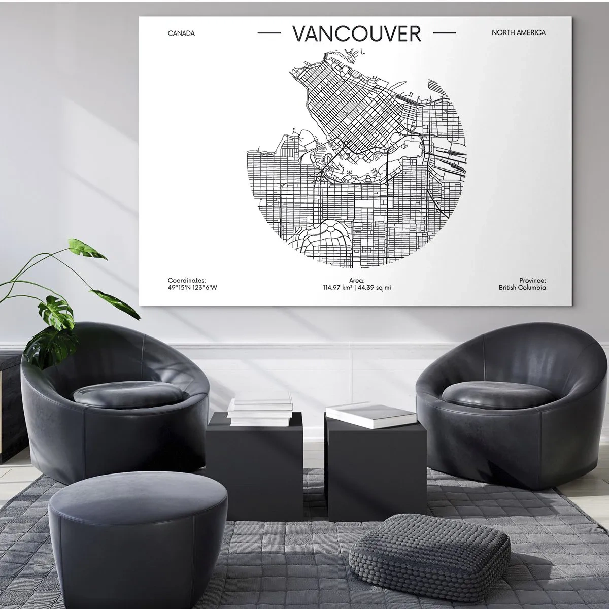 Glasbild - Bild auf glas - Schwarz-weißer Straßenplan von Vancouver - 100x70cm - Anatomie von Vacouver - Moderne Wanddekoration für Wohnzimmer und Schlafzimmer ARTTOR
