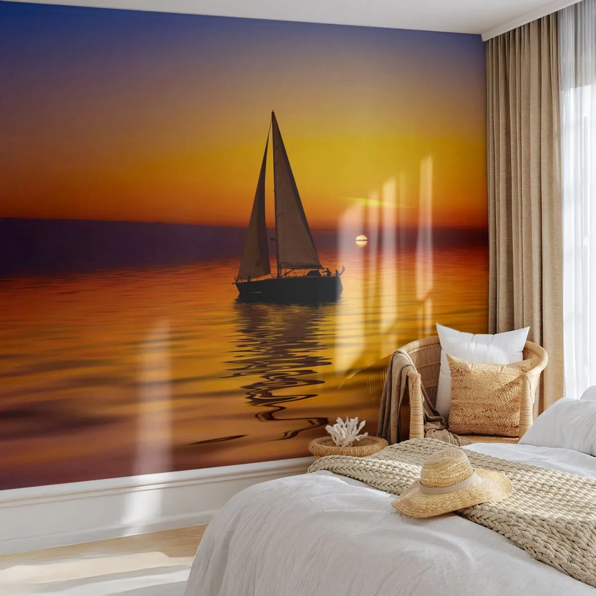 Fototapete Premium Sand - Wie ruhig es hier in der Abenddämmerung ist... - Segelboot, Sonnenuntergang, Meer - 100x70 cm