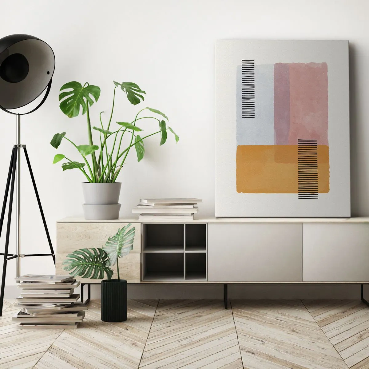 Bild auf Leinwand - Leinwandbild - Geometrie in Pastellfarben mit Linien auf hellem Hintergrund - 70x100cm - Von Ecke zu Ecke - Moderne Wanddekoration für Wohnzimmer und Schlafzimmer ARTTOR