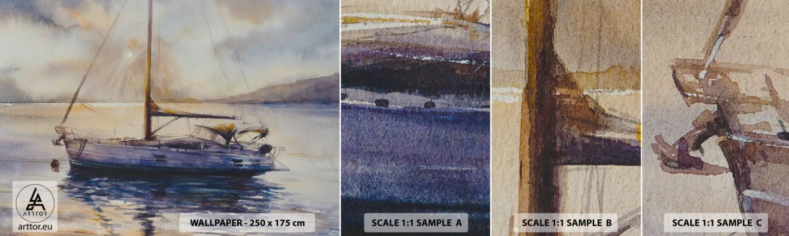 Fototapetenmuster Standard Eco - Abend in der Bucht - Segelboot, Angeln, Strand - 100x30 cm
