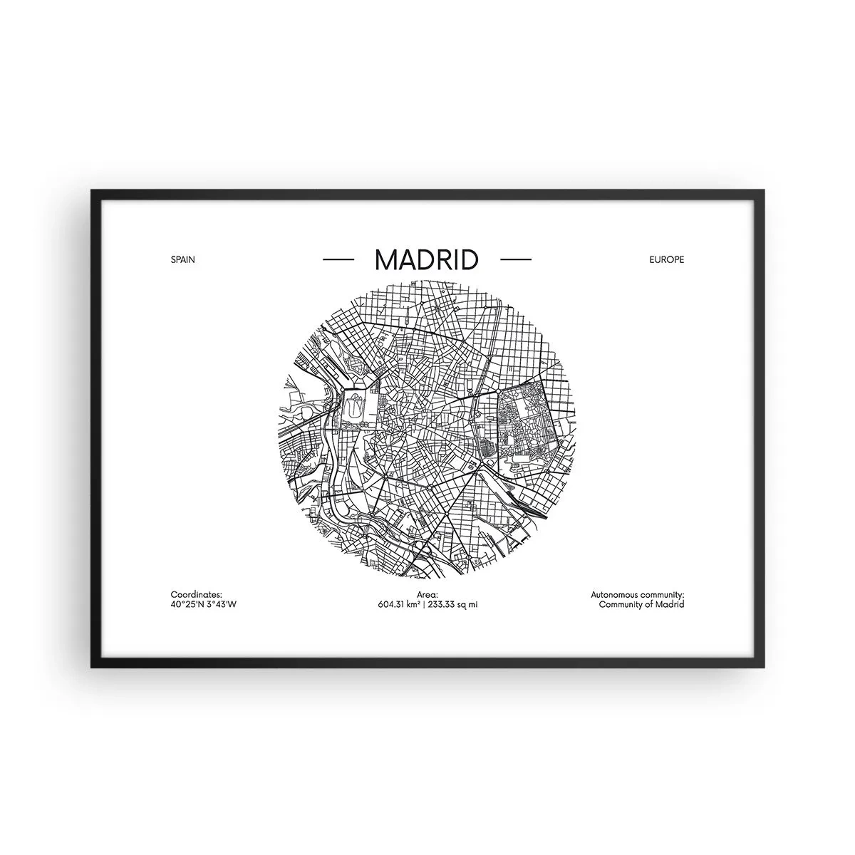 Poster in einem schwarzem Rahmen - Karte von Madrid im minimalistischen Schwarz-Weiß-Stil - 100x70cm - Anatomie von Madrid - Moderne Wanddekoration für Wohnzimmer und Schlafzimmer ARTTOR
