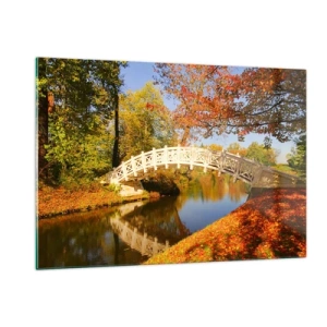 Glasbild - Bild auf glas - Eine Holzbrücke über einen Fluss, umgeben von Herbstfarben - 120x80cm - Auf der weißen Seufzerbrücke - Moderne Wanddekoration für Wohnzimmer und Schlafzimmer ARTTOR