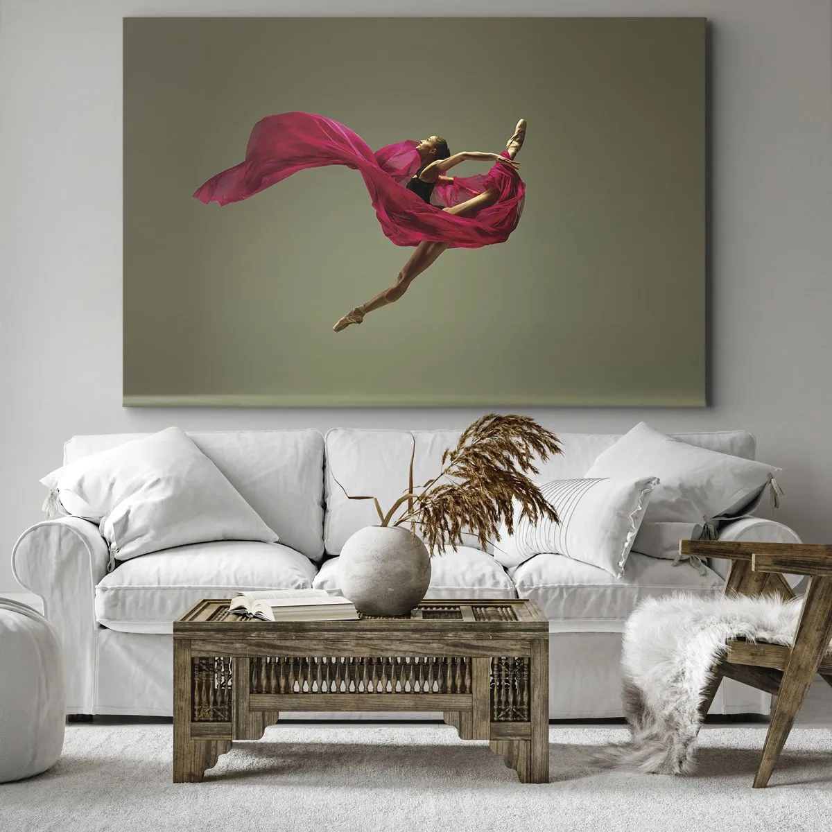 Bild auf Leinwand - Leinwandbild - Balletttänzerin in dynamischer Pose mit rosa Stoff - 120x80cm - Tanzende Flamme - Moderne Wanddekoration für Wohnzimmer und Schlafzimmer ARTTOR
