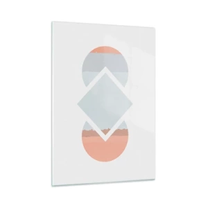 Glasbild - Bild auf glas - Eine pastellfarbene Raute in der Mitte zwischen den Halbkreisen auf weißem Hintergrund. - 50x70cm - Die Situation ist klar - Moderne Wanddekoration für Wohnzimmer und Schlafzimmer ARTTOR