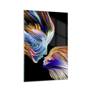 Glasbild - Bild auf glas - Bunte Silhouetten von Gesichtern in dynamischen Strömen auf schwarzem Hintergrund - 70x100cm - Eine Verschmelzung von Energie und Licht - Moderne Wanddekoration für Wohnzimmer und Schlafzimmer ARTTOR