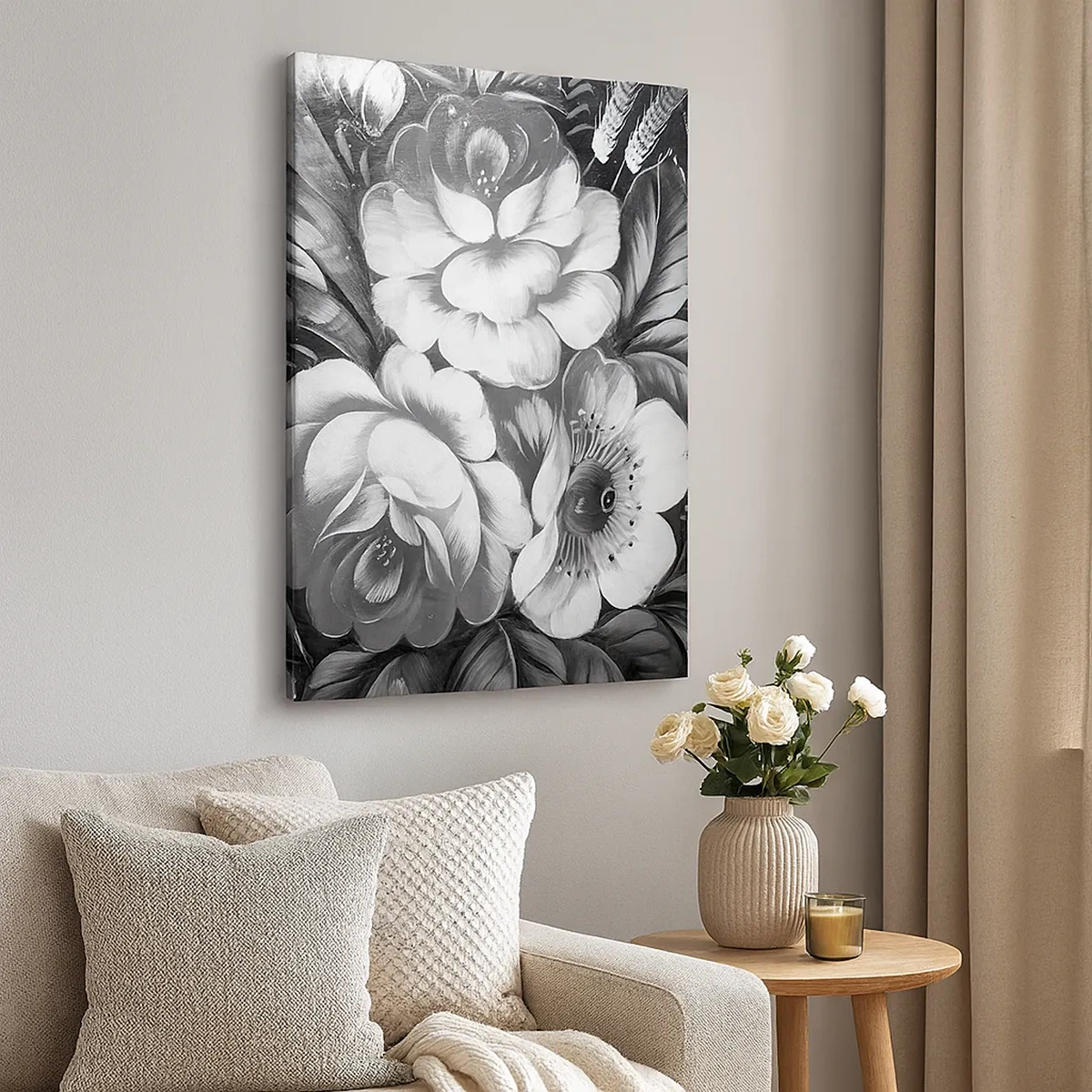 Bild auf Leinwand - Leinwandbild - Schwarze und weiße Blumen in einer klassischen und eleganten Komposition - 50x70cm - Schön auch in Grau - Moderne Wanddekoration für Wohnzimmer und Schlafzimmer ARTTOR