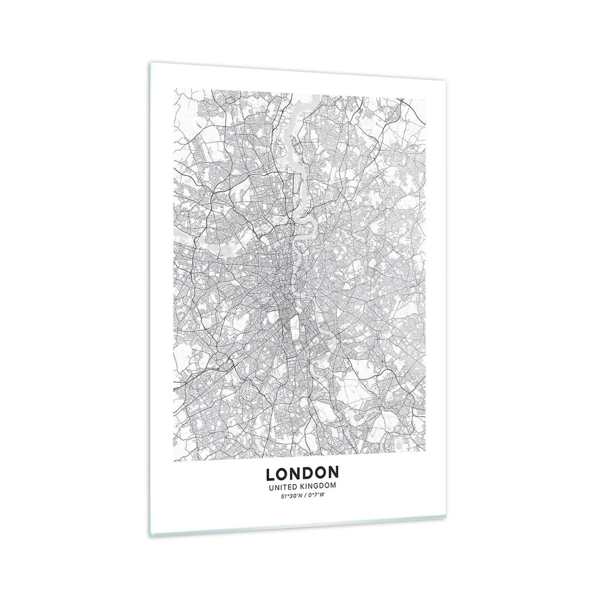 Glasbild - Bild auf glas - Eine schwarz-weiße Karte mit einem dichten Straßenraster im minimalistischen Stil. - 50x70cm - Karte des Labyrinths von London - Moderne Wanddekoration für Wohnzimmer und Schlafzimmer ARTTOR
