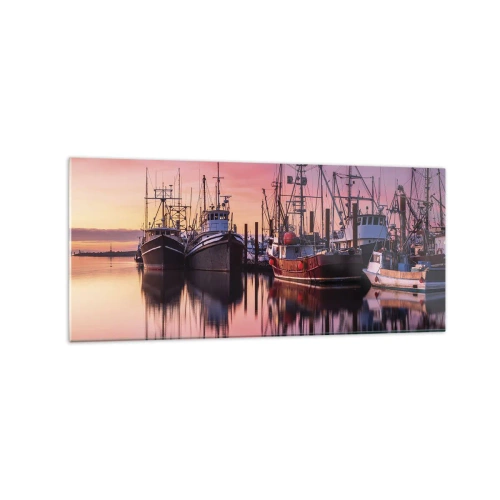 Glasbild - Bild auf glas - Fischerboote im Hafen bei Sonnenuntergang - 120x50cm - Vor dem nächsten Tag - Moderne Wanddekoration für Wohnzimmer und Schlafzimmer ARTTOR