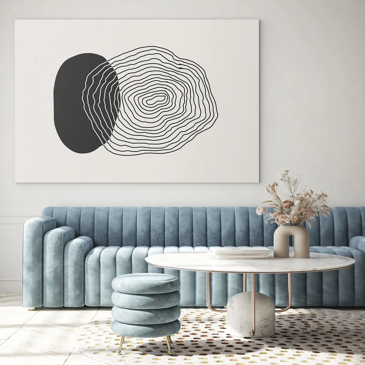 Glasbild - Bild auf glas - Abstraktes Muster mit schwarzen und weißen Ovalen und Linien - 120x80cm - Dauer und Schwingung - Moderne Wanddekoration für Wohnzimmer und Schlafzimmer ARTTOR