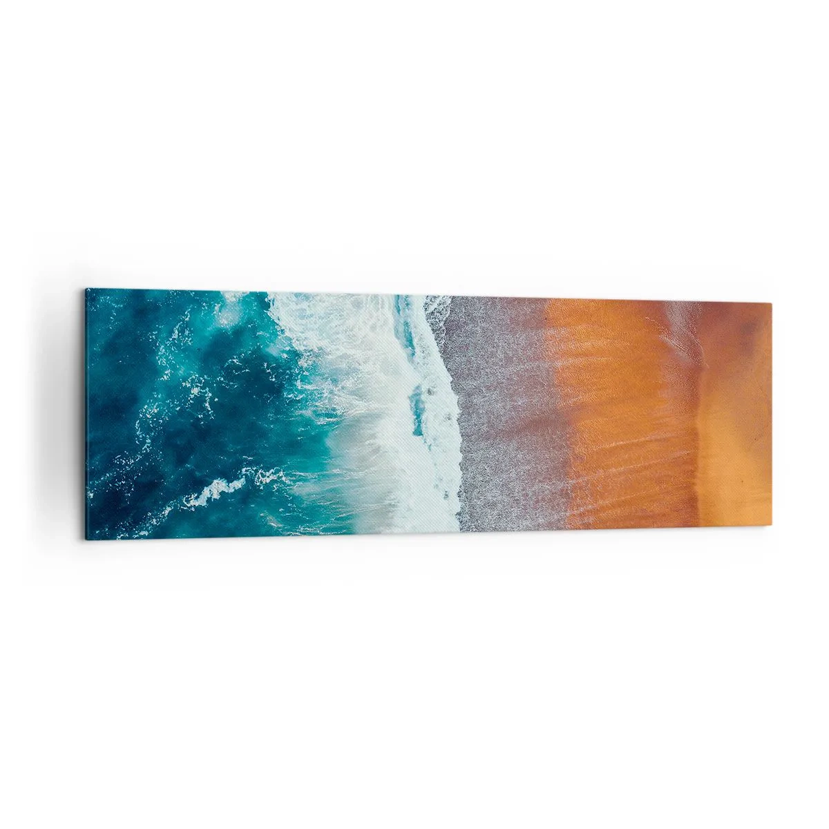 Bild auf Leinwand - Leinwandbild - Ein Blick auf die Meereswellen, die am goldenen Strand brechen - 160x50cm - Berührung des Ozeans - Moderne Wanddekoration für Wohnzimmer und Schlafzimmer ARTTOR