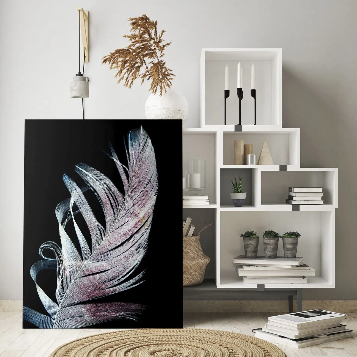 Glasbild - Bild auf glas - Eine zarte Feder auf schwarzem Hintergrund in einem künstlerischen Ansatz - 70x100cm - Denke an Berührung - Moderne Wanddekoration für Wohnzimmer und Schlafzimmer ARTTOR