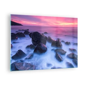 Glasbild - Bild auf glas - Wellen brechen bei Sonnenuntergang auf den Felsen - 70x50cm - Geburt bei Licht und Nebel - Moderne Wanddekoration für Wohnzimmer und Schlafzimmer ARTTOR