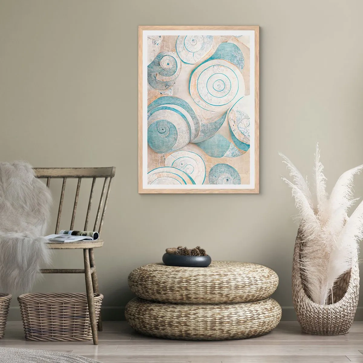 Poster in einem Rahmen aus heller Eiche - Was verbirgt sich in der Muschel? - 70x100 cm