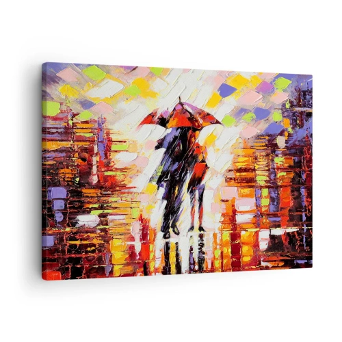 Bild auf Leinwand - Leinwandbild - Eine abstrakte Szene eines Spaziergangs unter einem Regenschirm in einer regnerischen Nacht. - 70x50cm - Gemeinsam durch die Nacht und den Regen - Moderne Wanddekoration für Wohnzimmer und Schlafzimmer ARTTOR