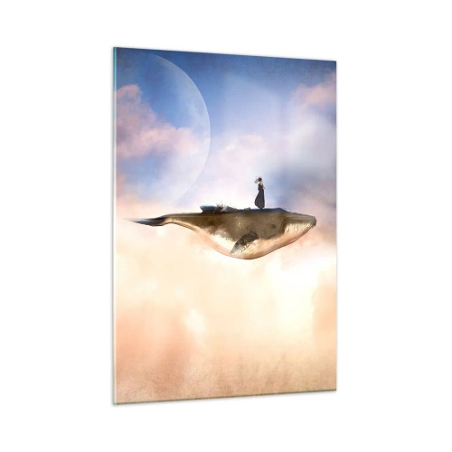 Glasbild - Bild auf glas - Ein Fantasiewal, der mit einer Frau auf seinem Rücken in den Wolken schwebt. - 50x70cm - Eine echte Reise - Moderne Wanddekoration für Wohnzimmer und Schlafzimmer ARTTOR
