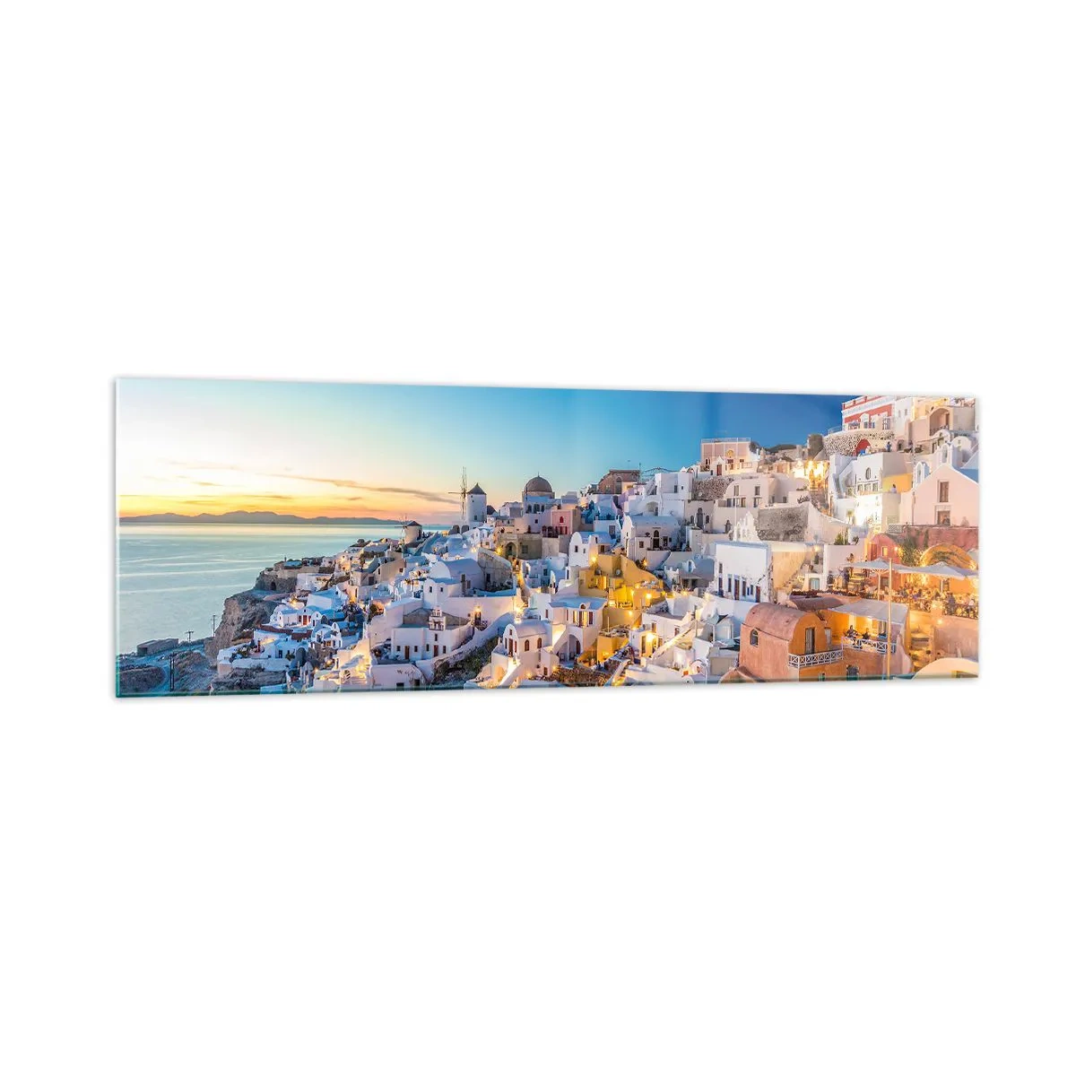 Glasbild - Bild auf glas - Blick auf eine griechische Stadt bei Sonnenuntergang - 160x50cm - Die Essenz des Griechischen - Moderne Wanddekoration für Wohnzimmer und Schlafzimmer ARTTOR