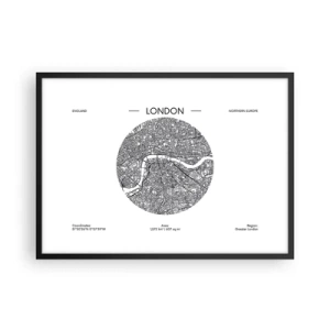 Poster in einem schwarzem Rahmen - Eine minimalistische Karte von London in Schwarzweiß mit präzisen Details. - 70x50cm - Anatomie von London - Moderne Wanddekoration für Wohnzimmer und Schlafzimmer ARTTOR
