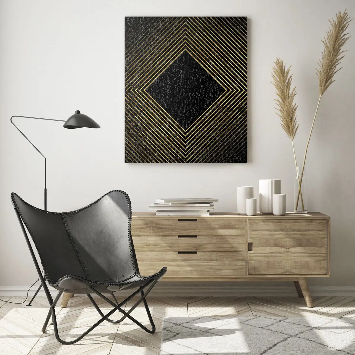 Glasbild - Bild auf glas - Schwarzer Hintergrund mit einem geometrischen Muster aus goldenen Linien - 80x120cm - Geometrie im glamourösen Stil - Moderne Wanddekoration für Wohnzimmer und Schlafzimmer ARTTOR
