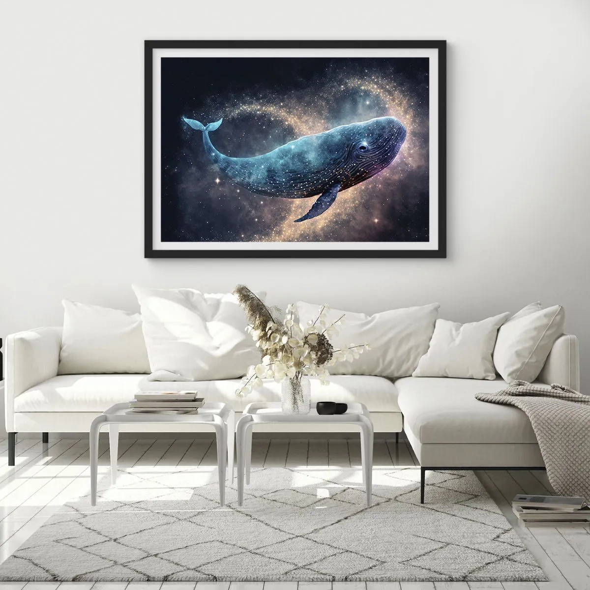 Poster in einem schwarzem Rahmen - Ein Weltraumwal mit einer Galaxie im Hintergrund - 70x50cm - Es gibt so eine Welt… - Moderne Wanddekoration für Wohnzimmer und Schlafzimmer ARTTOR