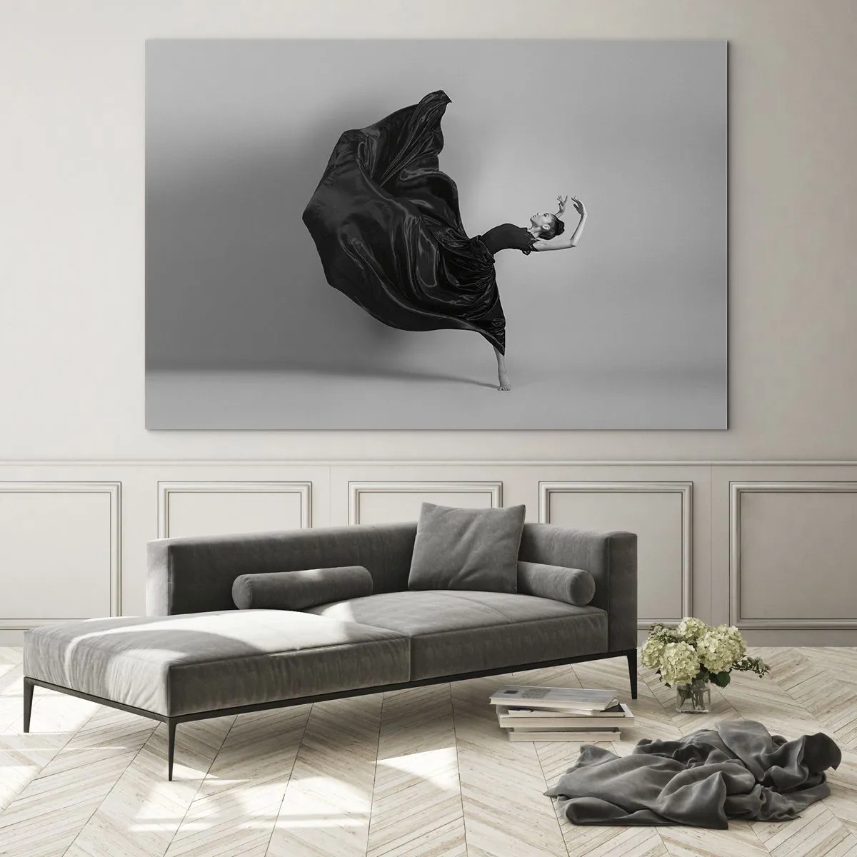 Glasbild - Bild auf glas - Eine Tänzerin in einem schwarzen Kleid schwebt dynamisch in der Luft - 70x50cm - Beflügelt durch die Musik - Moderne Wanddekoration für Wohnzimmer und Schlafzimmer ARTTOR