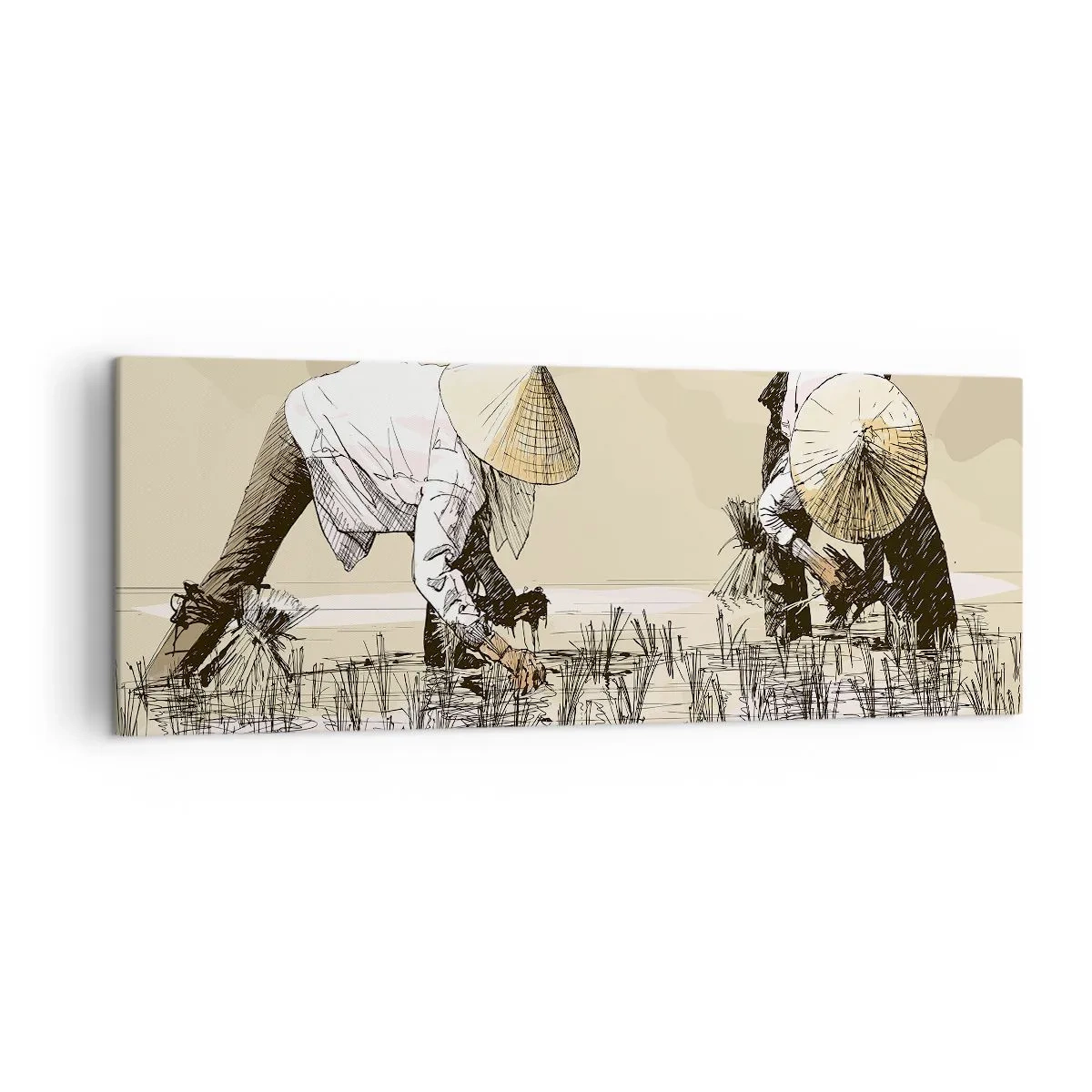 Bild auf Leinwand - Leinwandbild - Bauern bei der Arbeit auf einem Reisfeld mit traditioneller Kopfbedeckung - 140x50cm - Erfolgreiche Ernte - Moderne Wanddekoration für Wohnzimmer und Schlafzimmer ARTTOR