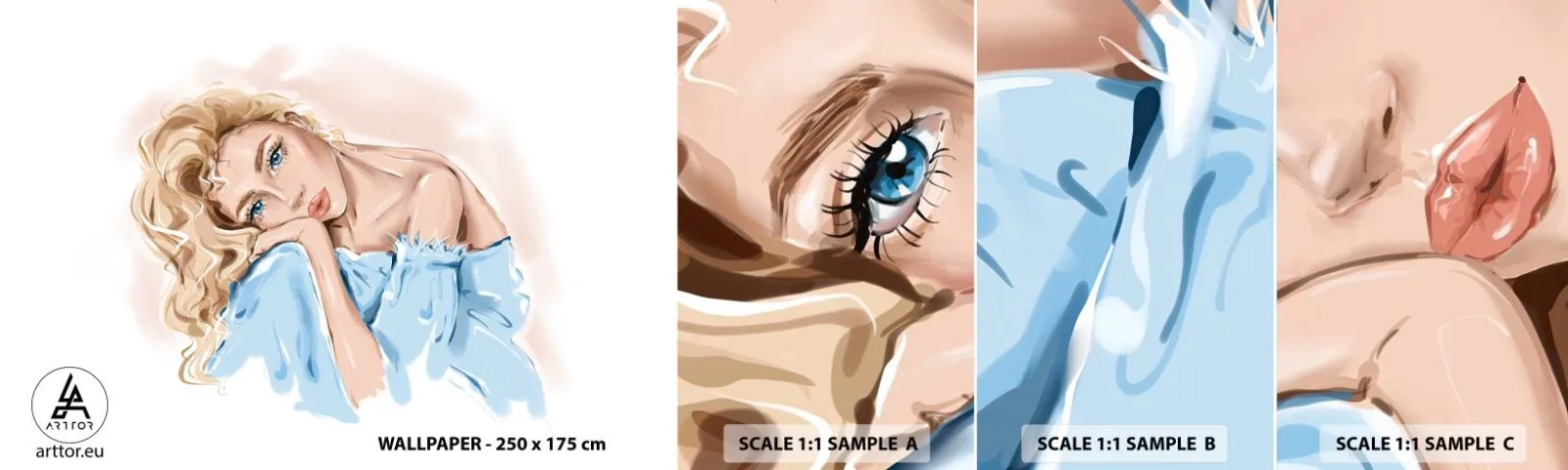 Fototapetenmuster Standard Eco - Verträumt im Blau - Frau, Mode, Grafik - 100x30 cm