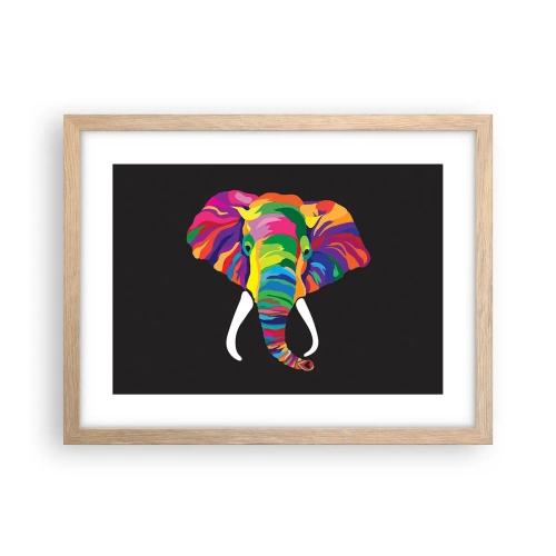 Poster in einem Rahmen aus heller Eiche - Der Elefant, der es liebte, im Regenbogen zu baden - 40x30 cm