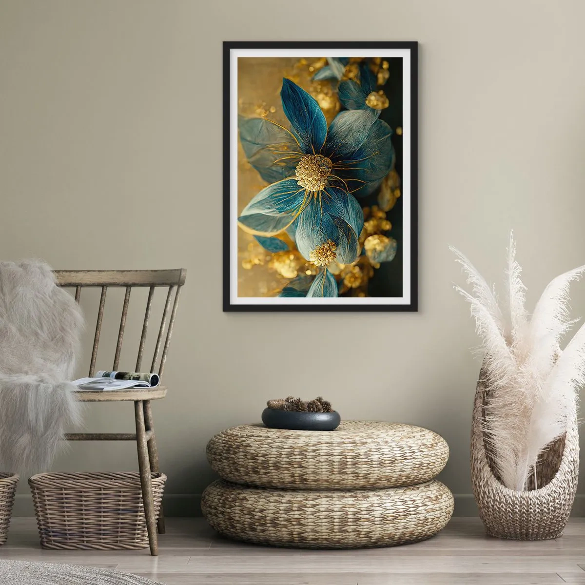 Poster in einem schwarzem Rahmen - Gold- und marineblaue Blumen in einer eleganten Komposition - 50x70cm - Mit Gold blühen - Moderne Wanddekoration für Wohnzimmer und Schlafzimmer ARTTOR