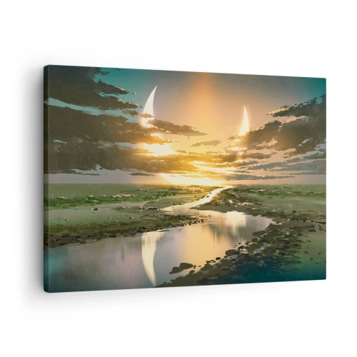 Bild auf Leinwand - Leinwandbild - Eine fantastische Landschaft mit zwei Monden am Horizont - 70x50cm - Irgendwo in einer weit, weit entfernten Galaxie - Moderne Wanddekoration für Wohnzimmer und Schlafzimmer ARTTOR