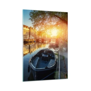 Glasbild - Bild auf glas - Amsterdamer Kanal bei Sonnenuntergang - 50x70cm - Morgen in Amsterdam - Moderne Wanddekoration für Wohnzimmer und Schlafzimmer ARTTOR