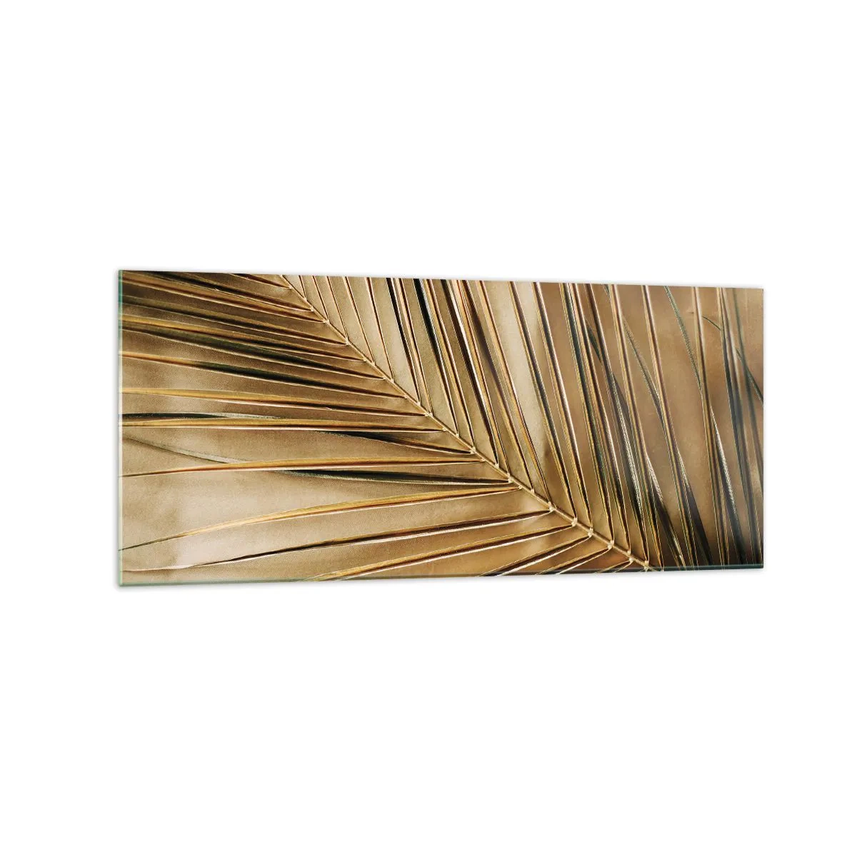 Glasbild - Bild auf glas - Goldenes Palmblatt auf einem einfarbigen Hintergrund - 120x50cm - Natürliche Kolonnade - Moderne Wanddekoration für Wohnzimmer und Schlafzimmer ARTTOR
