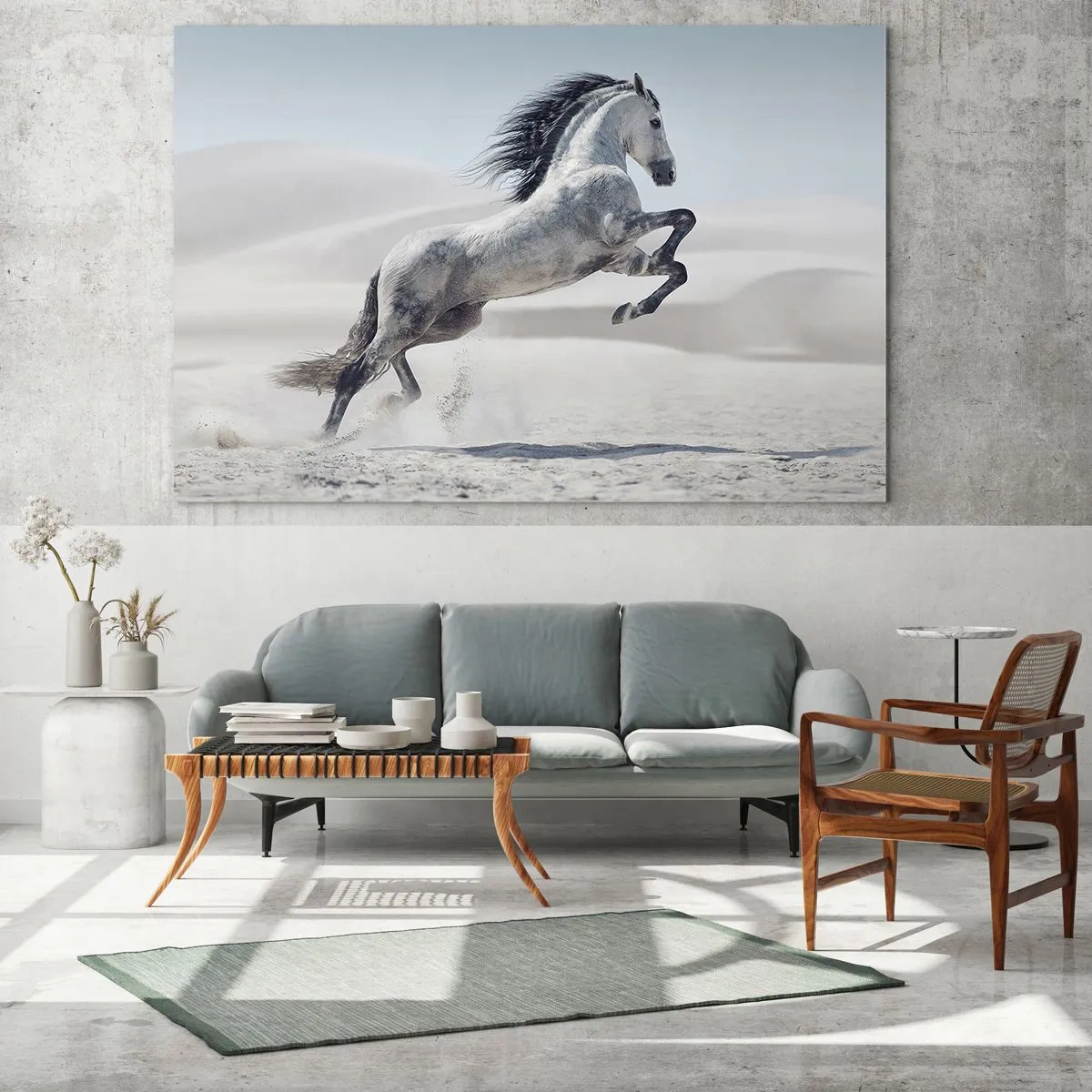 Glasbild - Bild auf glas - Ein weißes Pferd springt vor der Kulisse der Wüstendünen - 120x80cm - Arabischer Prinz - Moderne Wanddekoration für Wohnzimmer und Schlafzimmer ARTTOR
