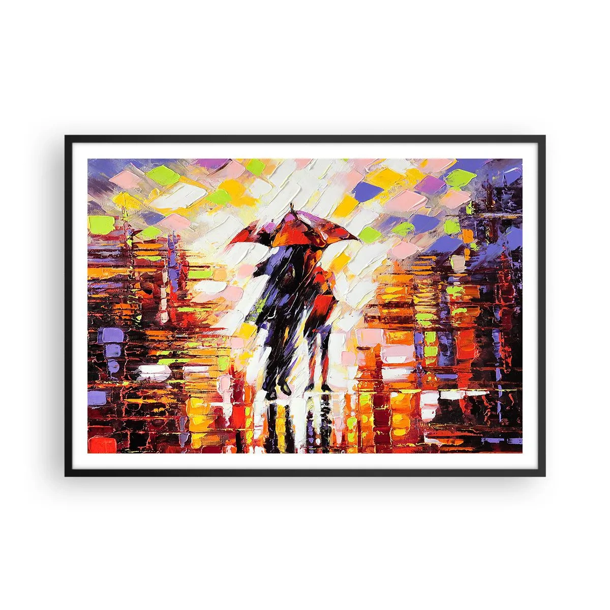 Poster in einem schwarzem Rahmen - Eine abstrakte Szene eines Spaziergangs unter einem Regenschirm in einer regnerischen Nacht. - 100x70cm - Gemeinsam durch die Nacht und den Regen - Moderne Wanddekoration für Wohnzimmer und Schlafzimmer ARTTOR