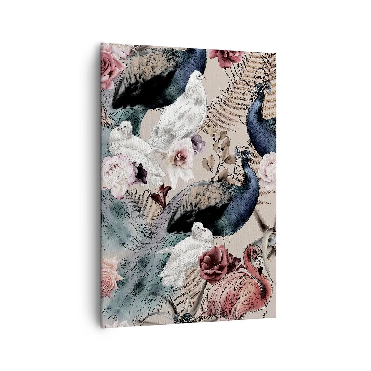 Bild auf Leinwand - Leinwandbild - Eine Landschaft mit Pfauenfedern, Rosen und Vögeln im romantischen Stil. - 70x100cm - Im Schlossgarten - Moderne Wanddekoration für Wohnzimmer und Schlafzimmer ARTTOR
