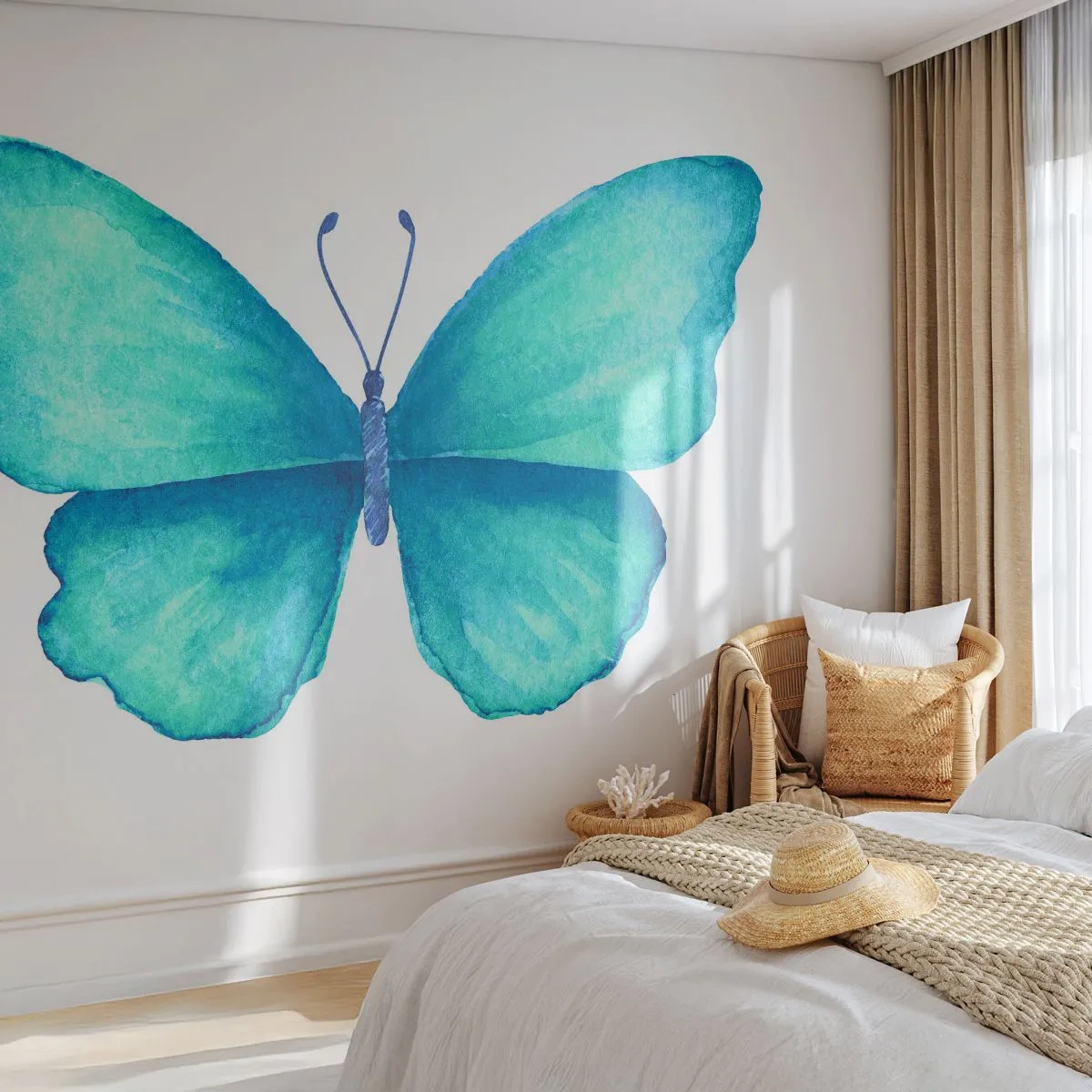 Fototapete Premium Sand - Aquarell blauer Schmetterling auf weißem Hintergrund - 100x70cm - Türkis von Natur aus - Moderne Wanddekoration für Wohnzimmer und Schlafzimmer ARTTOR