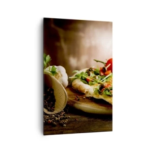 Bild auf Leinwand - Leinwandbild - Pizza mit Gemüse auf einem Holzbrett im rustikalen Stil - 80x120cm - Direkt vom Herd und aus dem Garten - Moderne Wanddekoration für Wohnzimmer und Schlafzimmer ARTTOR