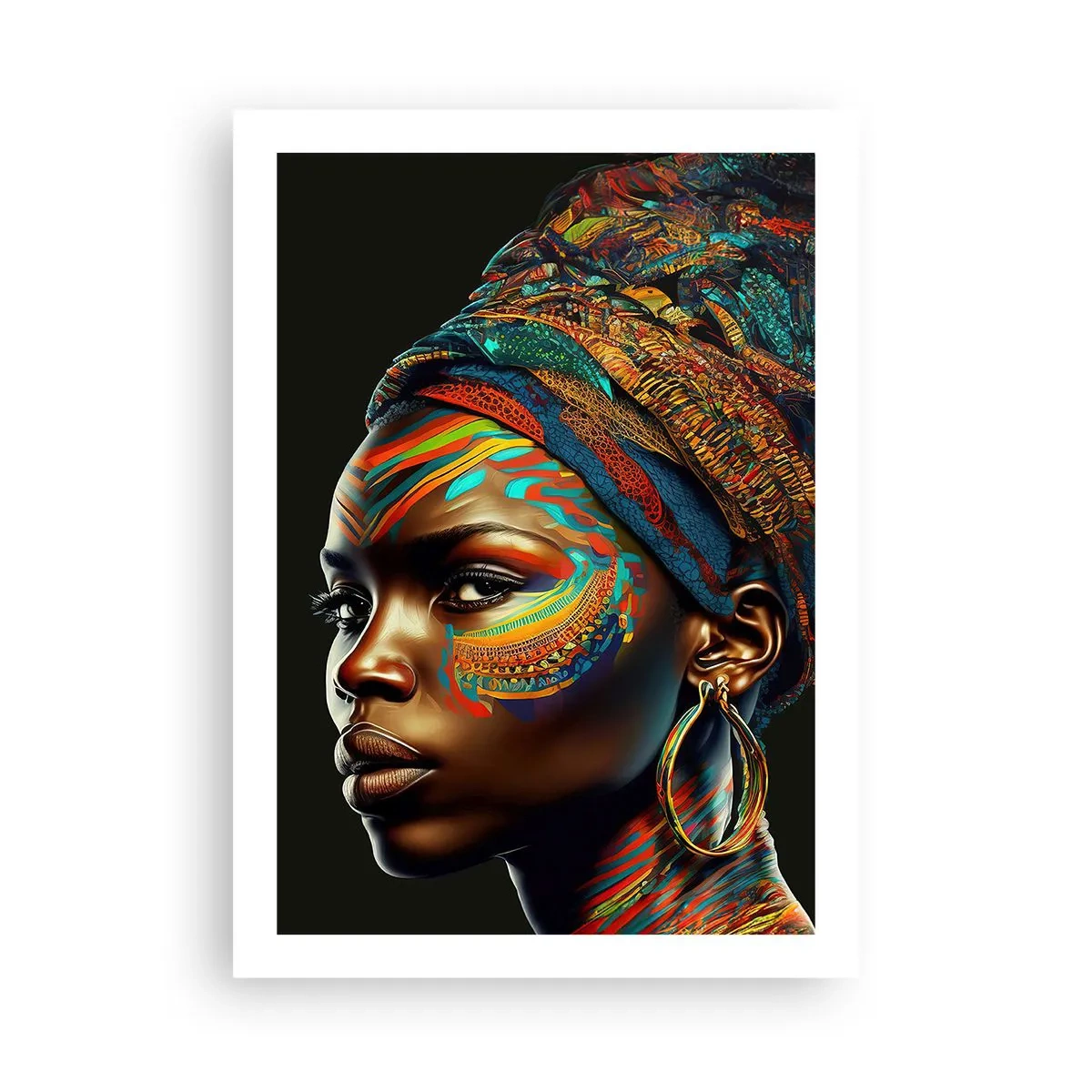 Poster - Porträt einer Frau mit buntem Schal und ethnischem Make-up - 50x70cm - Afrikanische Königin - Moderne Wanddekoration für Wohnzimmer und Schlafzimmer ARTTOR
