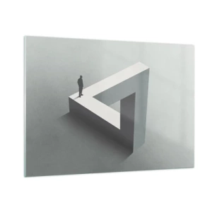 Glasbild - Bild auf glas - Eine Figur auf einer geometrischen Struktur im Stil einer optischen Täuschung - 100x70cm - Es ist also doch möglich - Moderne Wanddekoration für Wohnzimmer und Schlafzimmer ARTTOR